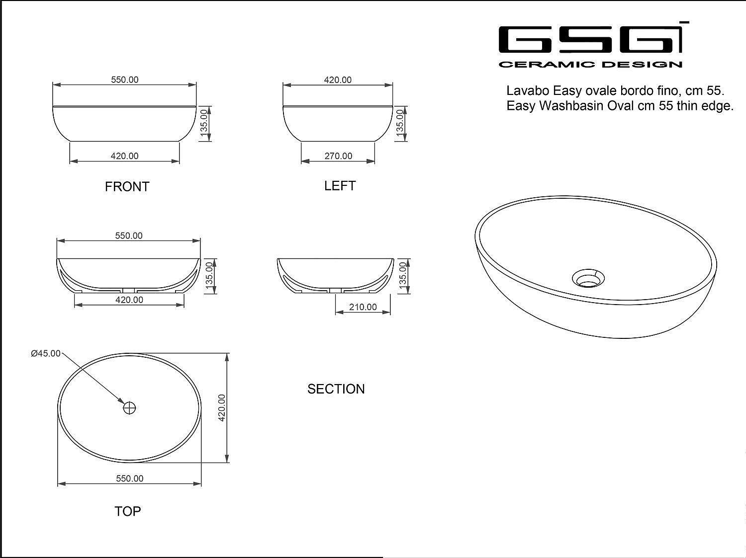 Раковина GSG Easy 55 с донным клапаном PILTONUNIAR026, оливковый матовый РАСПРОДАЖА фото3