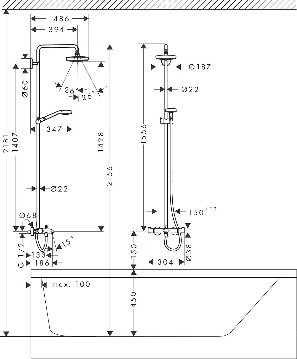 Высота смесителя в душевой. 27351400 Hansgrohe. Душевая система Hansgrohe Croma select e 180 2 Jet 27352400. Croma select e Showerpipe 180 2jet с термостатом для ванны. 27352400 Hansgrohe.